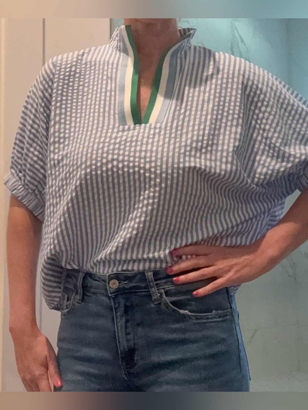 entro Blue and White Striped Button-Down Top with Green Trim - Picture 4 of 7